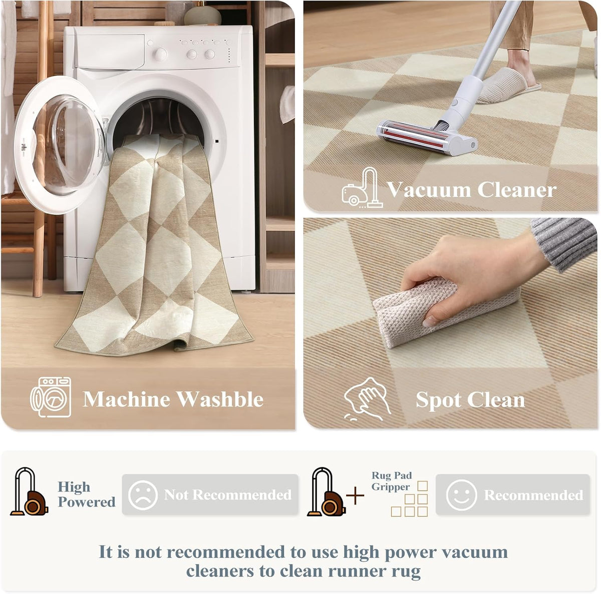 Checkered Washable Non Slip Runner Rug
