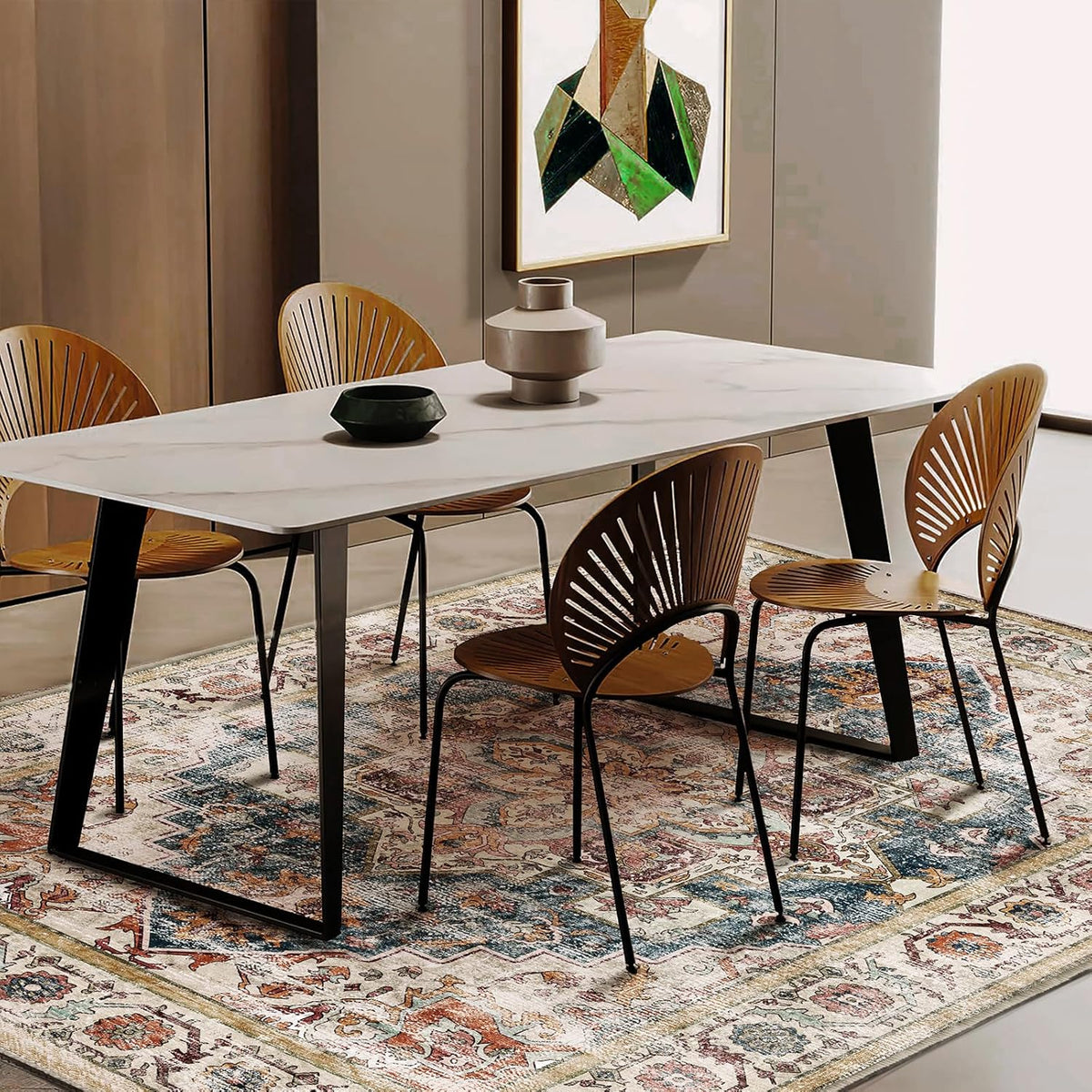 Washable Retro Boho Medallion Area Rug