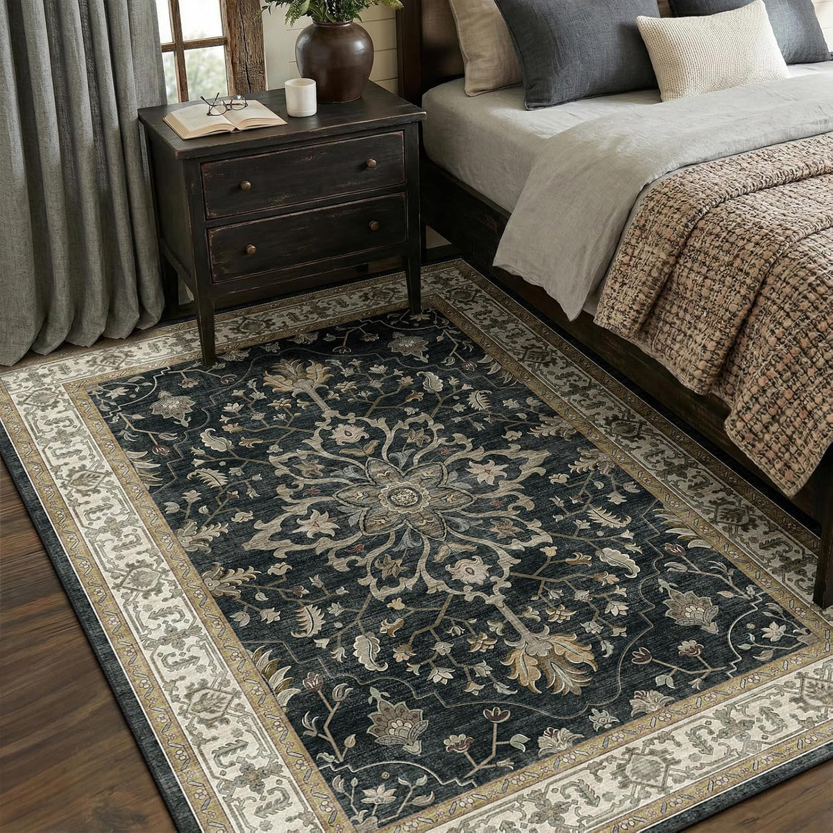 Washable Vintage Floral Boho Area Rug