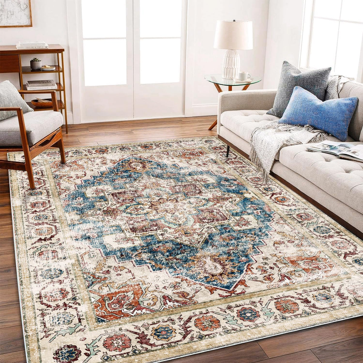 Washable Retro Boho Medallion Area Rug