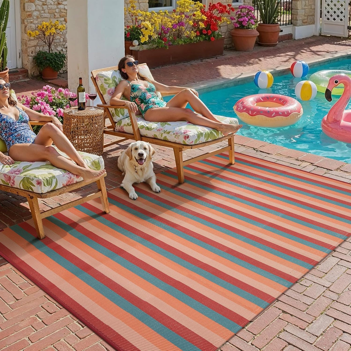 Striped Waterproof Reversible Patio Rug