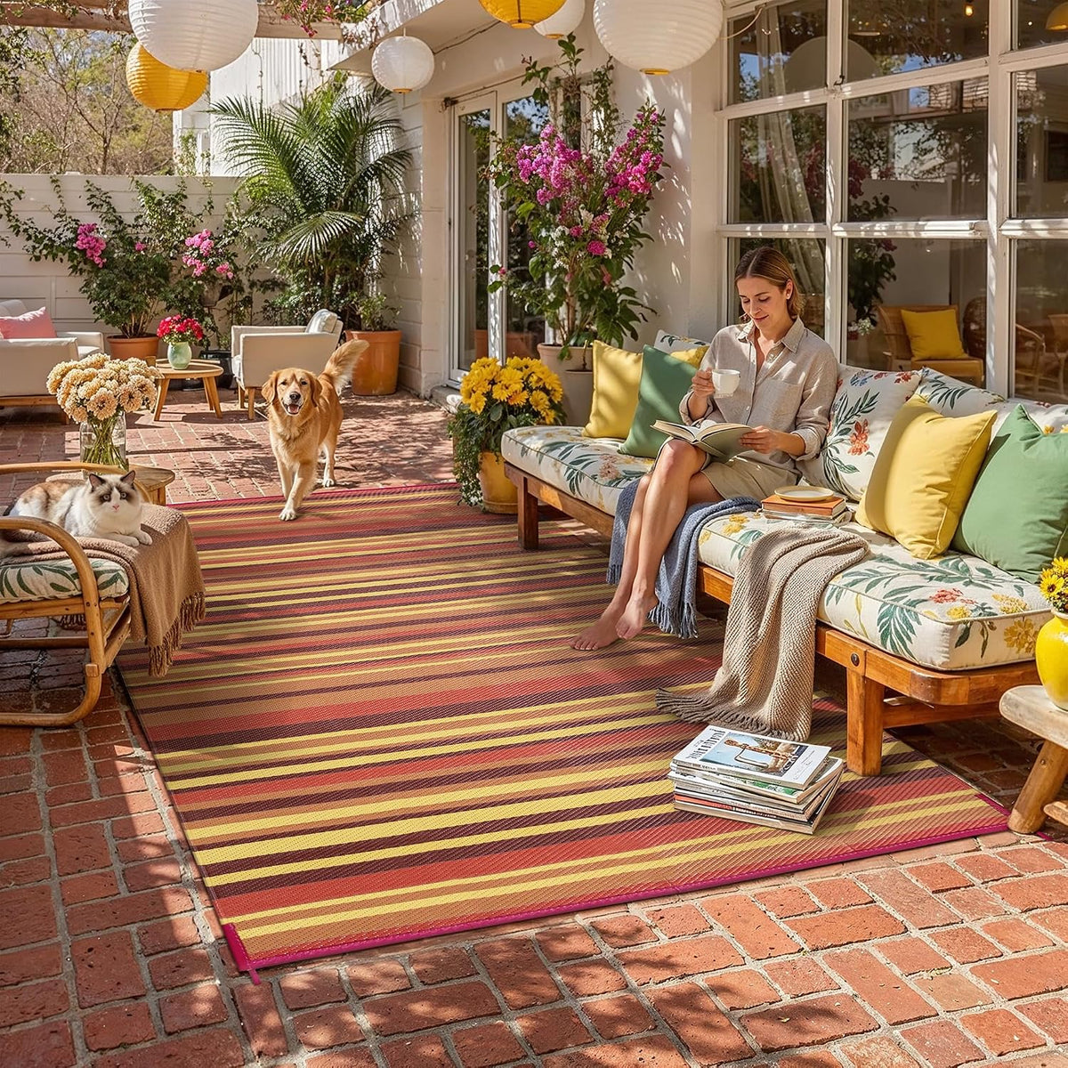 Striped Waterproof Reversible Patio Rug