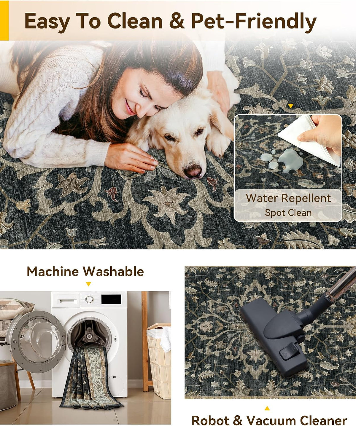 Washable Vintage Floral Boho Area Rug