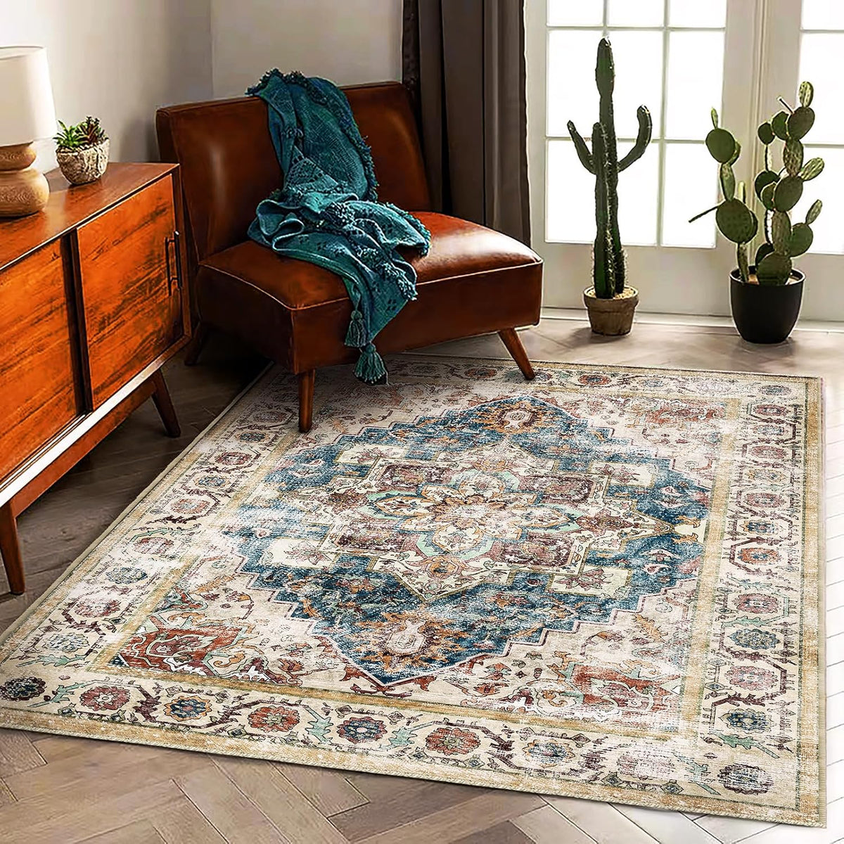 Washable Retro Boho Medallion Area Rug